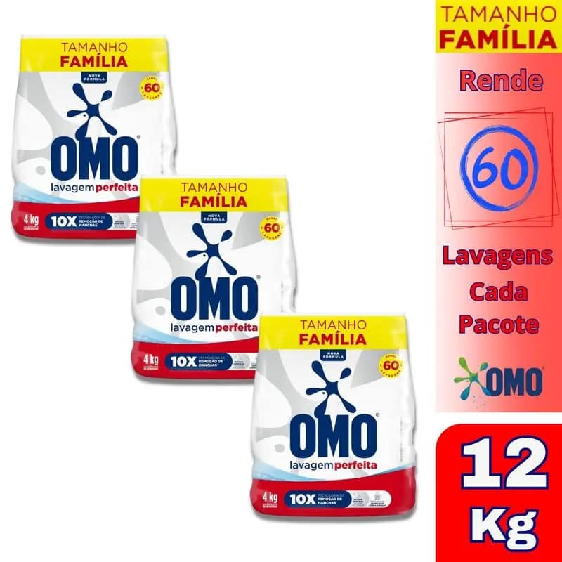 Sabão em Pó OMO Lavagem Perfeita 4 kg – Kit com 3 unidades